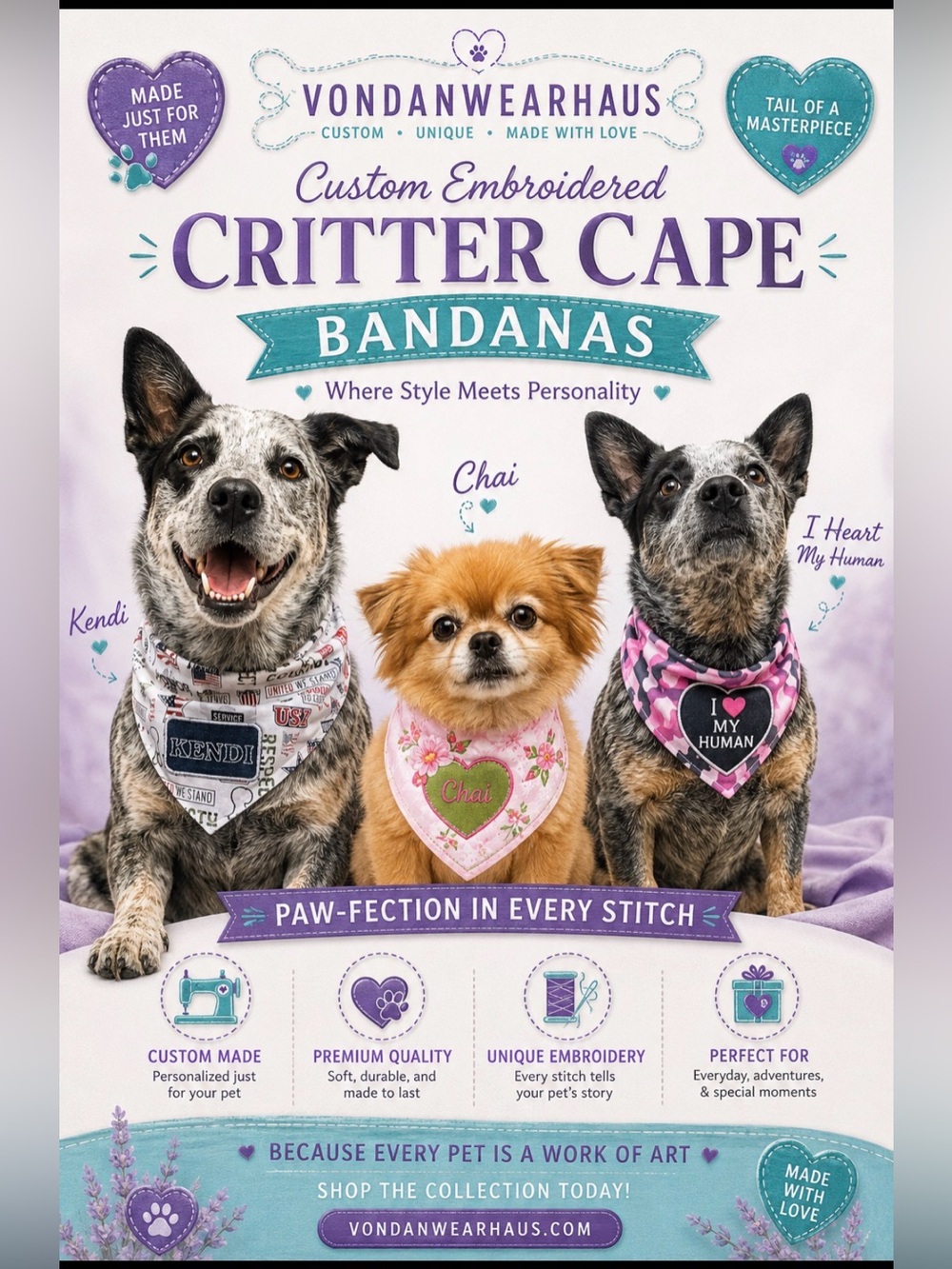 Vondanwearhaus Custom Embroidered Critter Cape Bandanas - Order today!